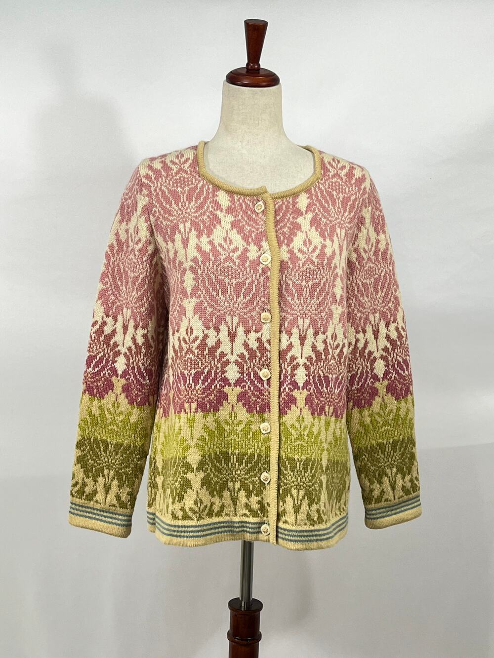 OLEANA Sz M Medium Pink Green Floral Cardigan Sweater 100% Wool
